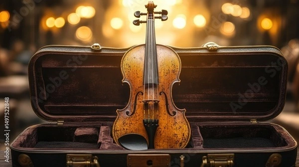 Obraz A beautifully aged violin resting in an open case, showcasing craftsmanship and inviting melodies in a warm, atmospheric setting.