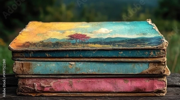Obraz Vintage stack of worn books with colorful covers depicting a serene landscape scene in a tranquil outdoor setting