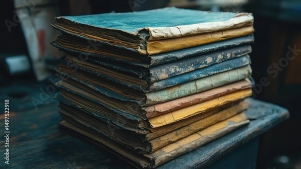 Obraz A stack of vintage books with worn covers, showcasing various colors and textures, resting on a wooden surface in a cozy setting.