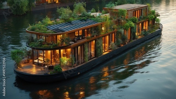 Obraz A sustainable floating home adorned with lush greenery and solar panels, showcasing eco-friendly living on a serene waterway at dusk