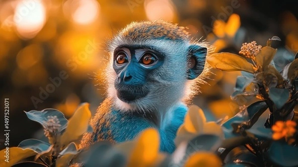 Obraz Graceful monkey portrait amidst lush foliage, capturing the essence of wildlife in a vibrant, colorful setting at golden hour.