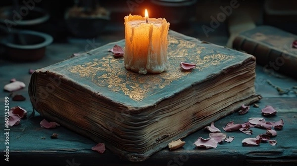 Obraz A vintage book illuminated by the warm glow of a candle, surrounded by scattered rose petals, evoking a sense of nostalgia and mystery.