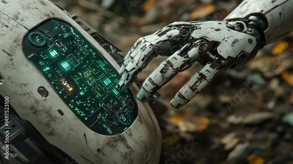 Obraz A robotic hand reaching out to interact with a futuristic control panel, showcasing advanced technology and artificial intelligence in a rugged environment.