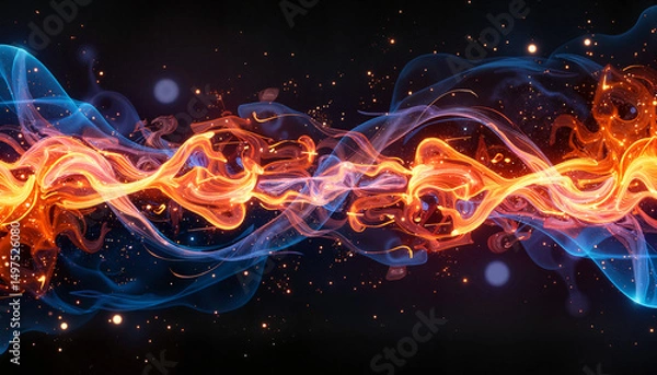Fototapeta Dynamic blue and orange flame swirl with sparkles, energetic symbolism