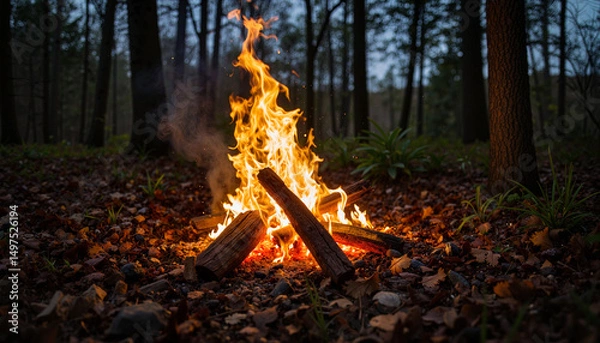 Fototapeta Eternal flame flickering in serene forest under soft rain, introspection