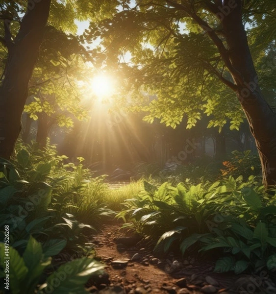 Fototapeta Warm sunlight streams through dense leaves, creating a radiant effect ,  vibrant,  sunlit,  background