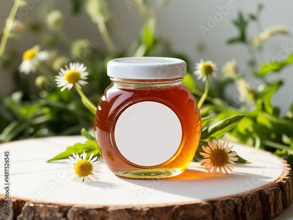 Obraz Blank label honey jar mockup on nature background.