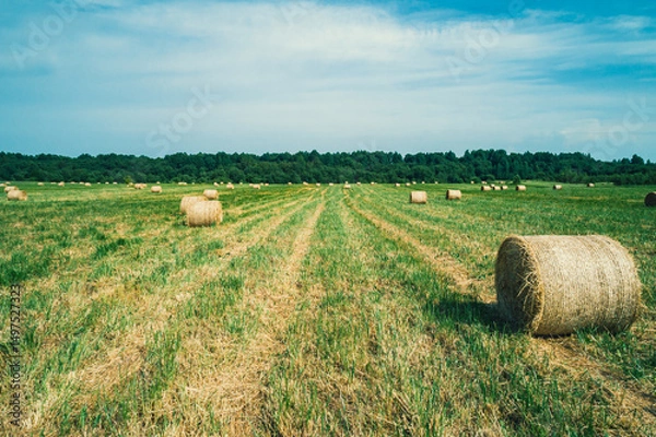Fototapeta A vast green field is dotted with round bales of hay, neatly arranged in rows