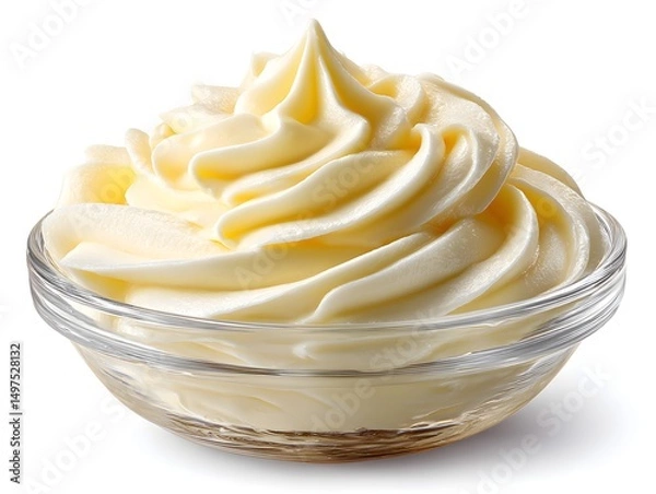 Fototapeta Creamy delicious whipped butter frosting in a clear glass bowl isolated on white background perfect for baking and desserts.