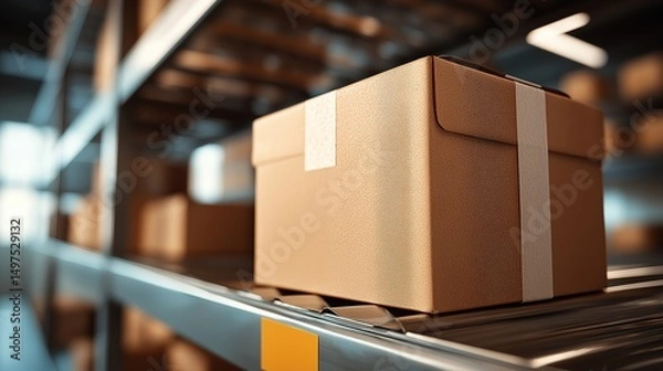 Fototapeta Sealed cardboard box on warehouse shelf, efficient logistics in action
