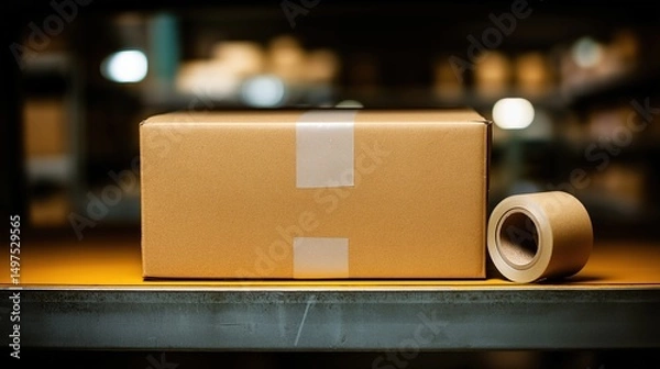 Fototapeta Sealed cardboard box on warehouse shelf, efficient logistics in action