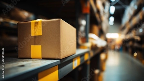 Fototapeta Sealed cardboard box on warehouse shelf, efficient logistics in action