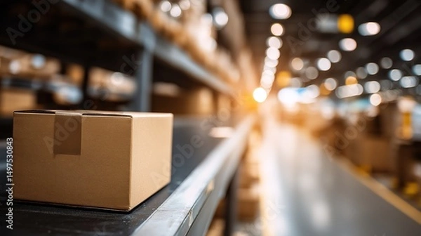 Fototapeta Sealed cardboard box on warehouse shelf, efficient logistics in action