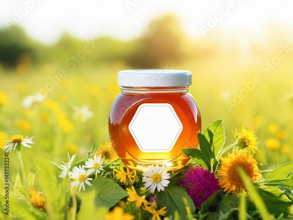 Obraz Blank label honey jar mockup on nature background.