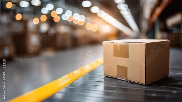 Fototapeta Sealed cardboard box on warehouse shelf, efficient logistics in action