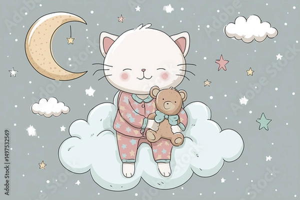 Fototapeta Cute cat in pajamas holding teddy bear sitting on a cloud against a starry night background