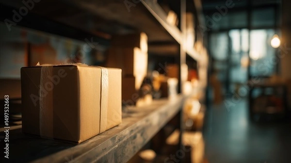 Fototapeta Sealed cardboard box on warehouse shelf, efficient logistics in action