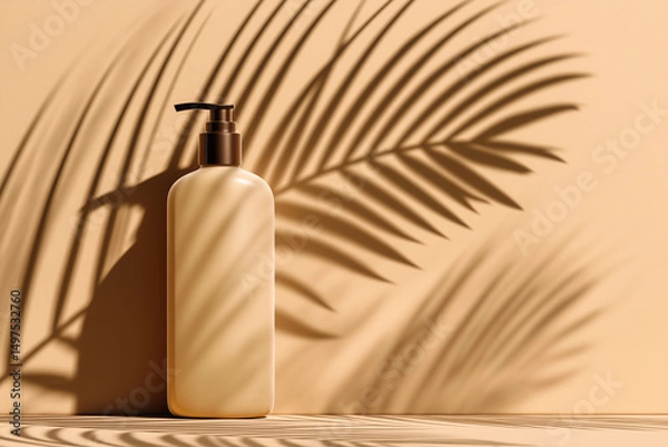 Fototapeta Elegant bottle with pump surrounded by palm leaves casting shadows on a warm-toned background in a minimalist setting