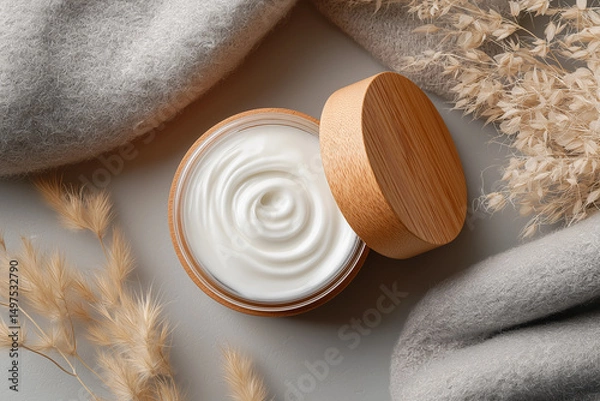 Fototapeta Natural skincare cream in a wooden jar surrounded by soft fabric and dry flowers