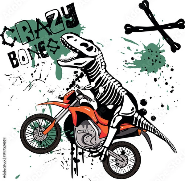 Fototapeta  dinosaur on a motorcycle Typography print for kids  . Original design with t-rex, dinosaur. print for T-shirts, textiles, wrapping paper, web. 