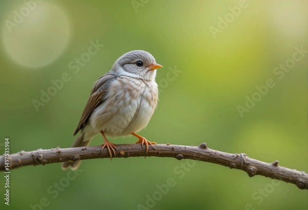 Fototapeta Charming Bird on Branch with Soft Green Bokeh