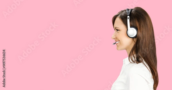 Fototapeta Representative call center. Profile portrait - sales woman support phone operator in headset, isolate pink background. Callcenter customer service. Video conference. Banner image with free space