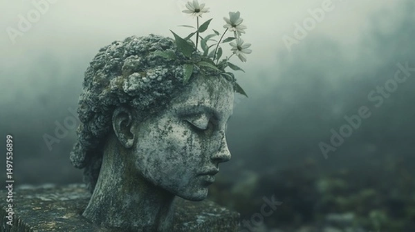 Obraz Weathered stone head, adorned with flowers, in a misty landscape