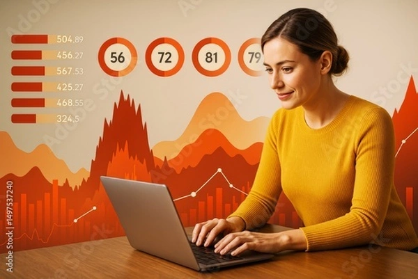 Fototapeta Businesswoman working on laptop with abstract orange analytics charts in light business background concept of data analysis and strategy planning.