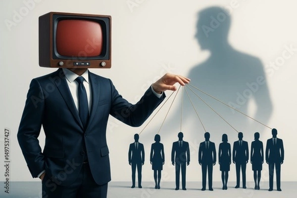 Fototapeta Businessman with vintage TV head controlling people like puppets, casting large shadow on light background, symbolizing media influence concept.