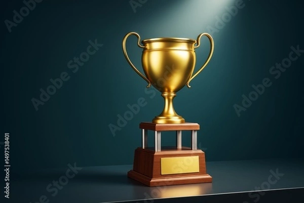 Fototapeta Golden trophy cup on pedestal with blank nameplate under spotlight on dark teal background, ideal for business award concept or clean promotion mockup.