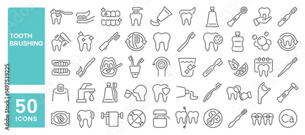 Fototapeta Set of 50 line icons related to tooth brushing, dentifrice, toothbrush, dental care, toothpaste, mouthwash, teeth protect, Editable stroke. Vector illustration