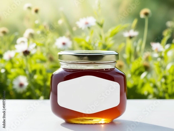 Obraz Blank label honey jar mockup on nature background.