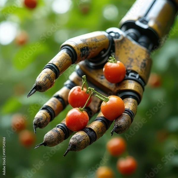 Obraz Robot hand harvesting ripe cherry tomatoes
