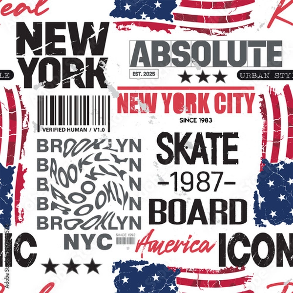 Fototapeta Hand drawn seamless american pattern  with slogan,for  textile, clothes, wrapping paper. Independence repeated Background
