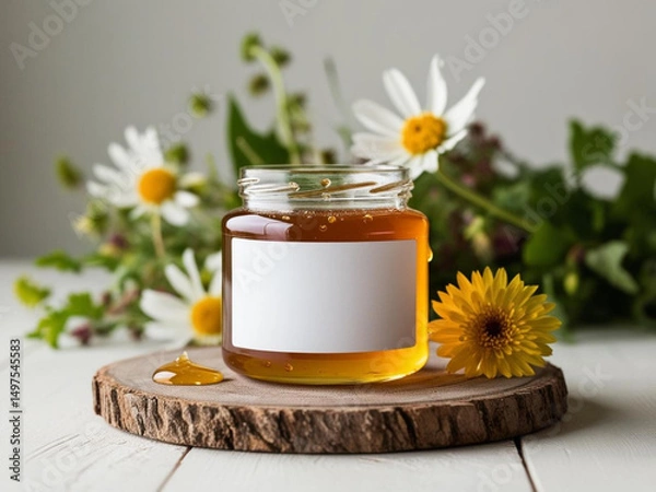 Obraz Blank label honey jar mockup on nature background.