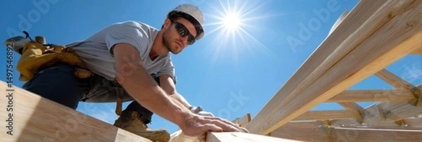 Fototapeta carpenter working on house frame, clear sky in background, safety gear, wood beams exposed
