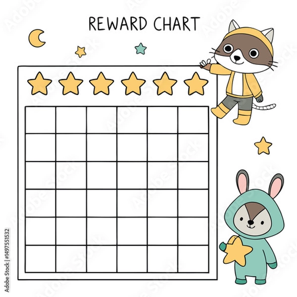 Fototapeta Cute reward chart with stars and cartoon animals for kids behavior tracking and daily task motivation

