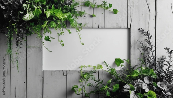 Obraz Decorative wooden frame surrounded by lush green plants in a minimalist setting