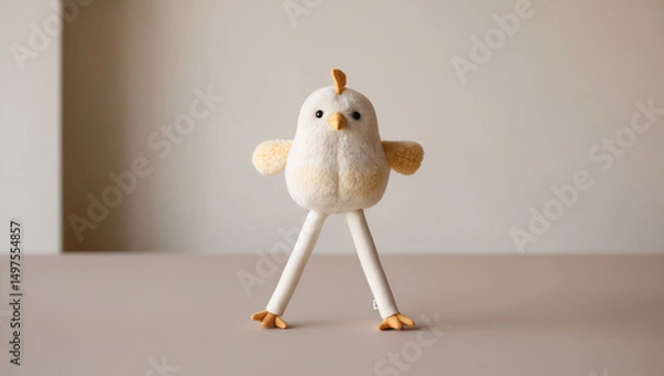 Obraz Cute soft plush bird toy stands on a textured surface against a minimalistic background, capturing a playful and whimsical vibe
