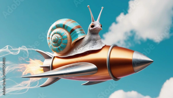 Obraz Snail riding a rocket in a whimsical sky with fluffy clouds and bright colors