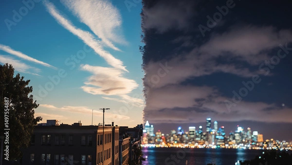 Obraz Evening skyline transition showcasing city lights and sunset colors over urban landscape