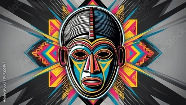 Obraz Colorful tribal mask design with bold patterns and vibrant colors on a dark background
