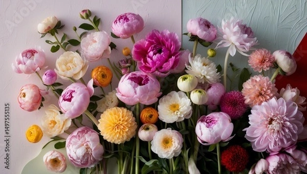 Obraz Vibrant spring floral arrangement featuring peonies, ranunculus, and other blossoms on a pastel backdrop