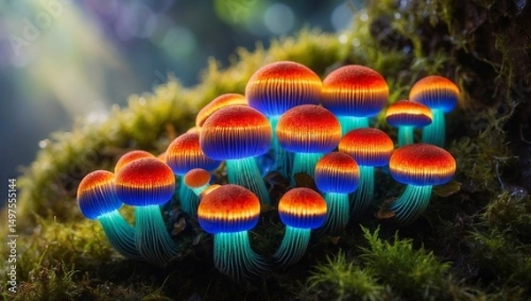 Obraz Vibrant mushrooms emit colorful glow in forest setting during twilight hours
