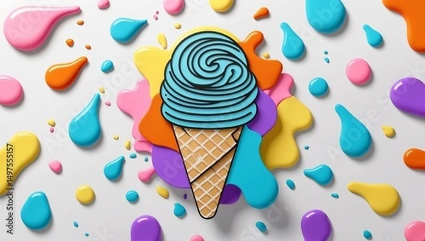 Obraz Colorful ice cream cone surrounded by vibrant paint splashes on a bright background in an artistic setting