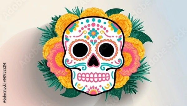 Obraz Colorful sugar skull design with marigold flowers for celebration in vibrant style