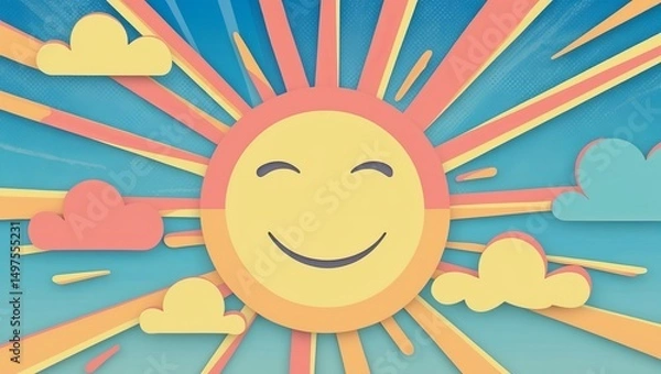 Obraz Bright and cheerful sun with smiling face and colorful rays against a blue background creating a happy atmosphere