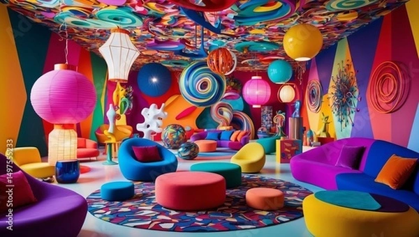 Obraz Vibrant interior design showcases colorful patterns and furniture in a whimsical space filled with playful decor