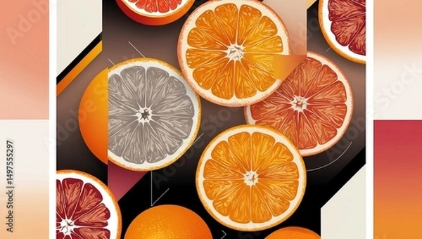 Obraz Brightly colored citrus fruits displayed on a modern geometric background with vibrant hues and patterns in an artistic arrangement