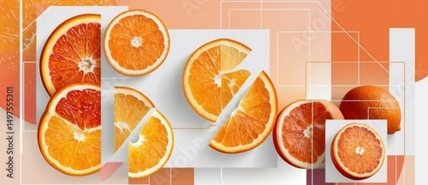 Obraz Bright and vibrant display of orange slices arranged artistically on a light background showcasing fresh fruit details